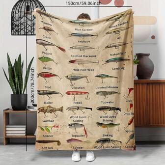 1pc Soft & Warm Flannel Blanket - Complete Fishing Bait Pattern, Cozy Sofa Bed Office Throw, Small Nap Blanket For Ultimate Comfort And Relaxation - Perfect For Indoor Outdoor Use