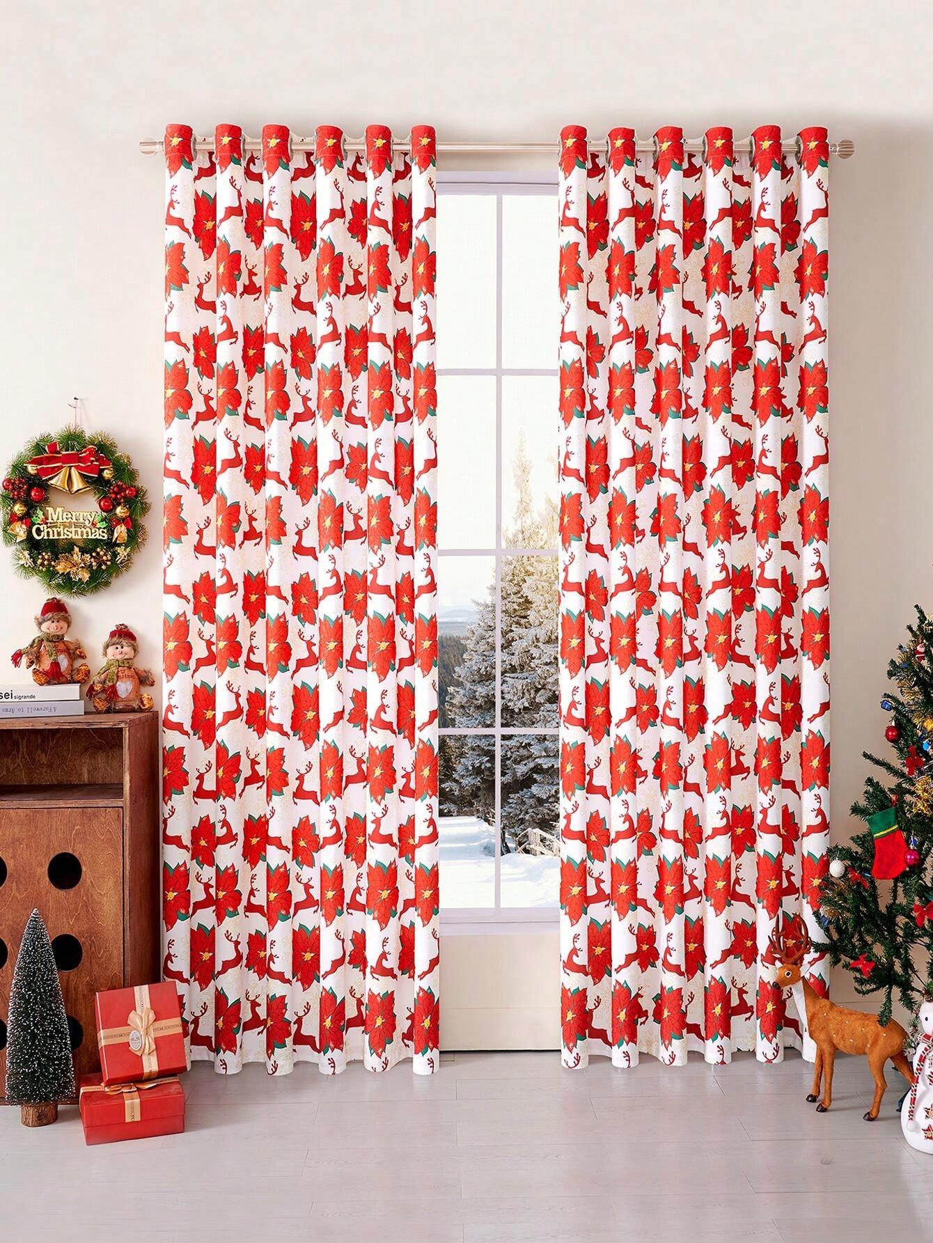 1pc Christmas Red Deer, Red & Green Floral, Winter Christmas Party