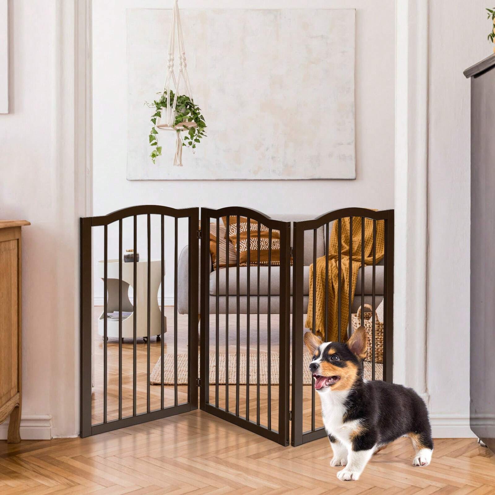 Wooden Folding Pet Gate, 3 Panels Freestanding Barrier With Arched Top