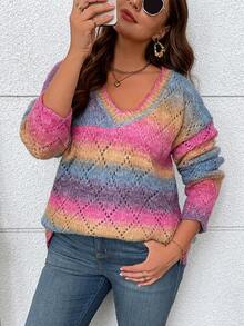 1 pieza Suéter colorido de punto al azar de cuello en V talla grande, parte superior de punto informal de hombros caídos, ropa de mujer