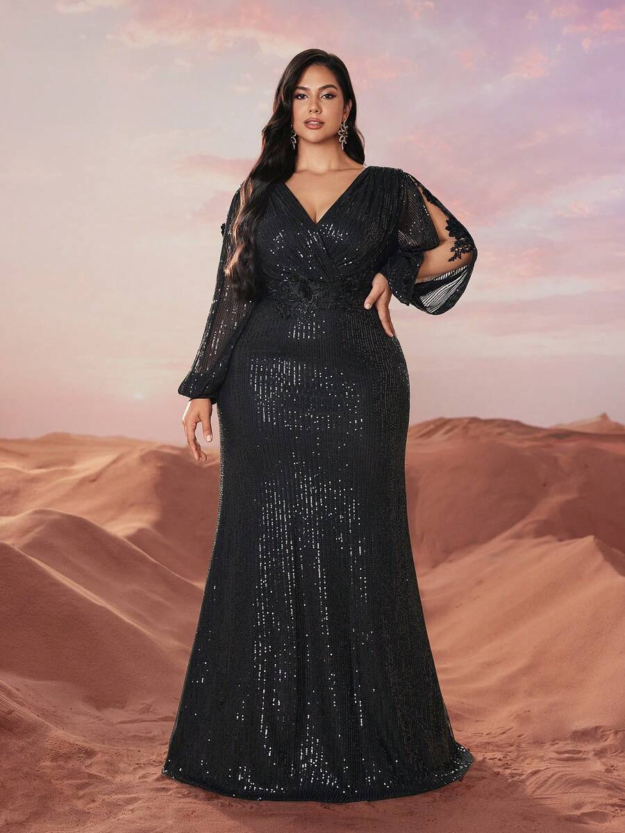 YISIKADO 大码正式晚礼服优雅奢华亮片 3D 刺绣 V 领长袖连衣裙，黑色舞会礼服，适合婚礼嘉宾、毕业典礼、晚宴
