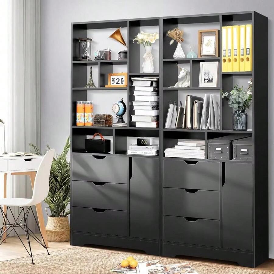 Stylish Black Bookshelf, 71" Tall Bookshelf With Doors And 3 Drawers