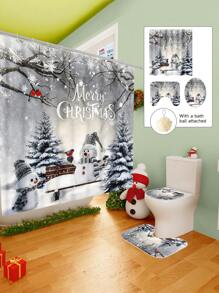 1/2/3/4 Pieces Christmas Collection Shower Curtain, Cute Snowman Woven Shower Curtain, Bathroom Non-Slip Mat, Toilet U-Mat, Toilet Lid Cover Mat, Bathroom Complete Set, Modern Waterproof Bathroom Decoration, Comes With 12 Hooks And A Shower Ball, Multiple Sizes Available Back To School