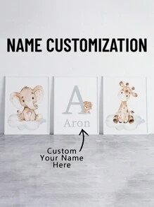 3pcs Customized Name Canvas Poster Wall Art, Personalized Name Cartoon Giraffe & Elephant Poster Home Decor, Living Room Bedroom Kitchen Canvas Painting, Perfect Gift And Decoration, Birthday Graduation Gift - Multicolor - View 1