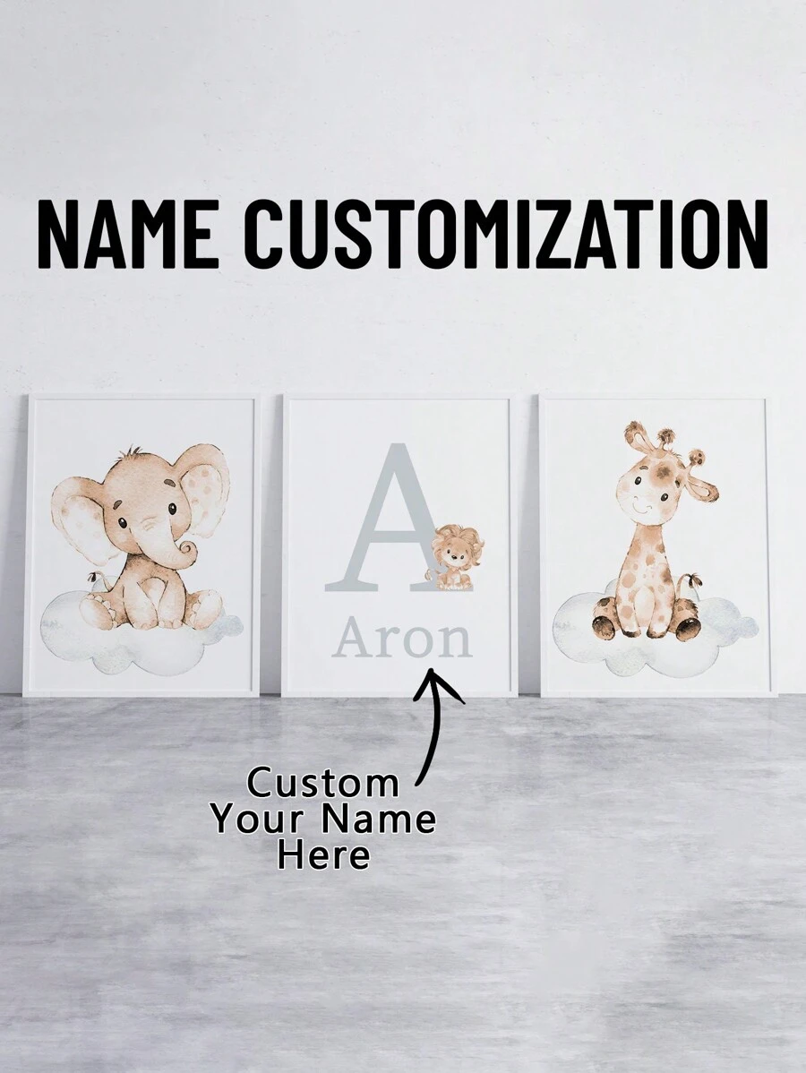 3pcs Customized Name Canvas Poster Wall Art, Personalized Name Cartoon Giraffe & Elephant Poster Home Decor, Living Room Bedroom Kitchen Canvas Painting, Perfect Gift And Decoration, Birthday Graduation Gift - Multicolor - View 1