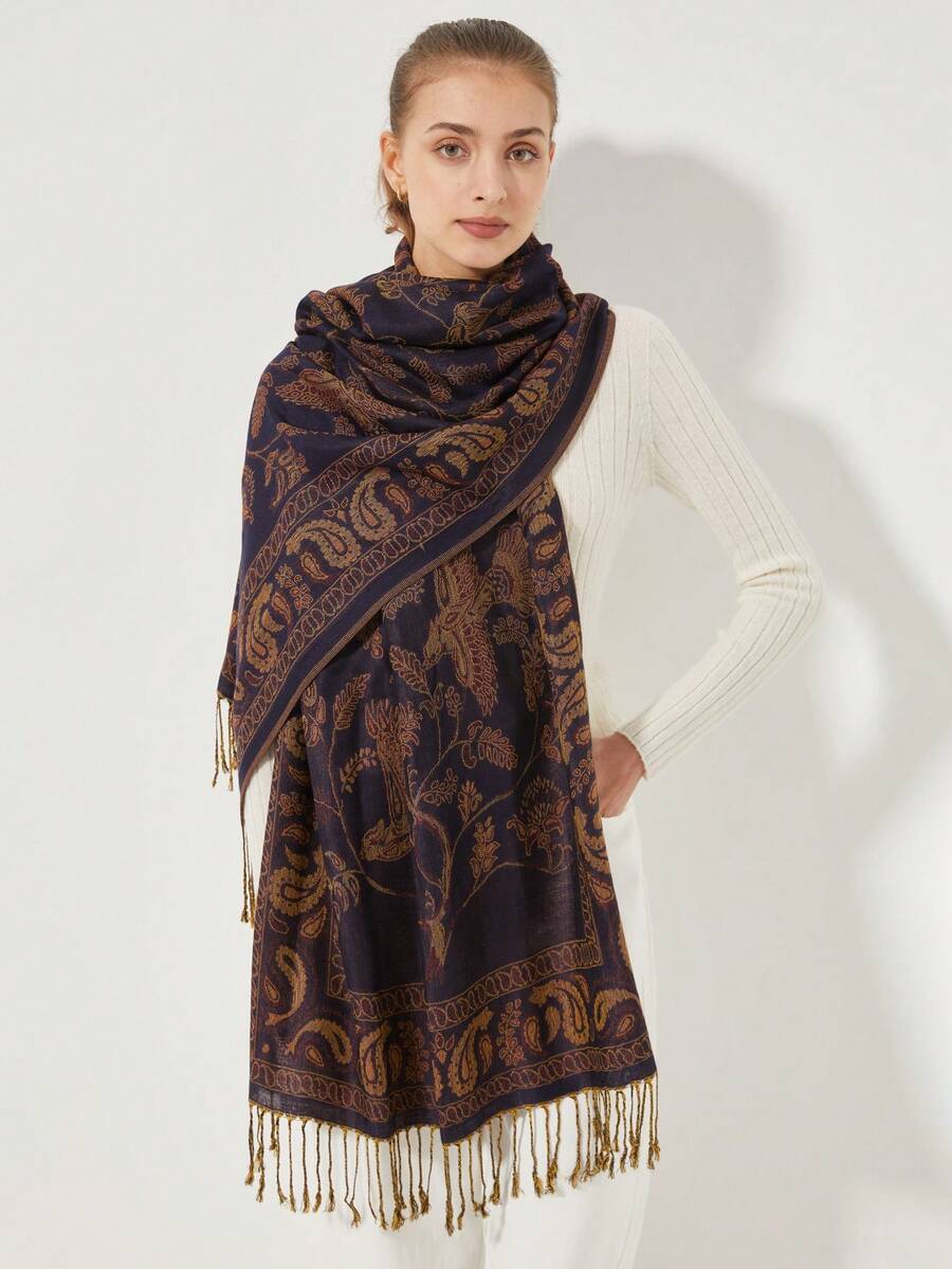 1 件复古优雅百搭佩斯利民族风围巾 - 藏蓝色 - 查看 1