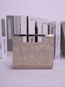 闪闪发光的钻石图案手提包，配有肩带翻盖，优雅时尚晚宴手包，适合女士派对、婚礼、生日 - 金色 - 查看 7