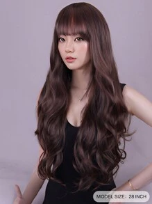 棕色刘海假发 长波浪卷发假发 天然合成耐热纤维假发 适合日常派对使用（28 英寸）