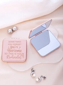 1 件玫瑰金镀层雕刻标语便携式梳妆镜，可折叠超薄轻巧便捷手持镜，不锈钢蒙皮亮银纳米镀层框架细节，适合所有场合和人群，可折叠方形口袋镜 - 玫瑰金 - 查看 11