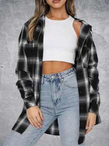 Women Button Down Flannel Shirts Long Sleeve Plaid Shackets Business Casual Blouse Top - Black - View 3