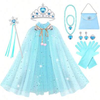 5Pcs/8Pcs/9Pcs/10Pcs/11Pcs/12Pcs Princess Cloak Set, Princess Dress Up Cloak With Crown, Wand, Jewelry And Bag, Little Girl Princess Dress Up Clothes, Princess Cloak Christmas Birthday Gift (Blue)(Some Accessories Come In Random Colors And Styles)(The Quantity Of Some Accessories Is Random)(Accessories Styles, Colors, And Styles Are Random)