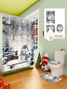 1/2/3/4 Pieces Christmas Collection Shower Curtain, Cute Snowman Woven Shower Curtain, Bathroom Non-Slip Mat, Toilet U-Mat, Toilet Lid Cover Mat, Bathroom Complete Set, Modern Waterproof Bathroom Decoration, Comes With 12 Hooks And A Shower Ball, Multiple Sizes Available Back To School