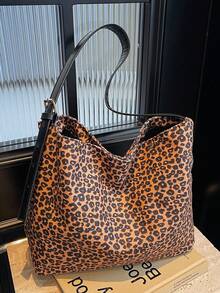 新款复古豹纹帆布女士手提包，时尚大容量户外旅行度假单肩包，轻便休闲可重复使用购物收纳斜挎包，时尚百搭通勤手提包，适合日常工作使用 - 棕色 - 查看 4