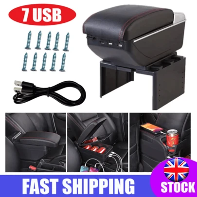 1Pcs 7 USB Universal Car Storage Arm Rest Cushion Armrest Centre Console Box Leather Cover PU Leather
