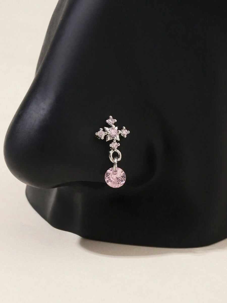 1件闪亮十字形粉色圆形吊坠鼻钉，L形20G垂坠鼻环，鼻部穿孔饰品，锆石鼻骨垂坠鼻环，适合女性，情人节，母亲节礼物 - 銀色藍 - 查看 1