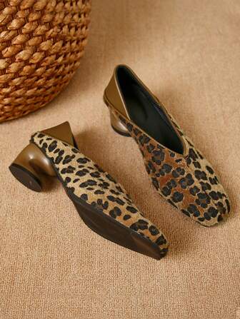 Versatile Leopard Print V-Cut Square Toe Chunky Heel Pumps, Suitable For Autumn/Winter,Elegant,Party