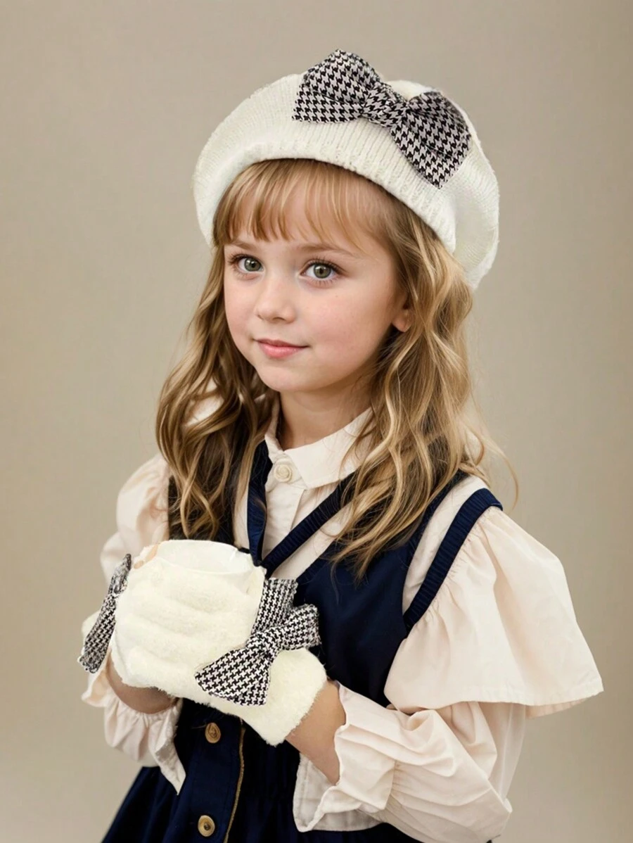 2 pièces / set : 2 pièces béret en tricot blanc pour enfants/tout-petits filles, béret d'artiste mignon, avec gants en acrylique tricoté, mode, élégant, populaire, pied-de-poule, décoration de nœud, , fin pour le début de l'hiver