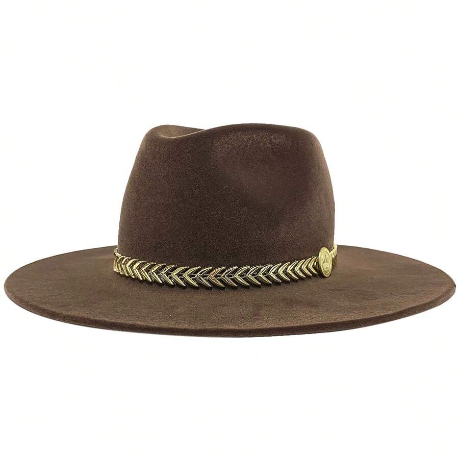 Fedora Hat Country Bandinha Shine Golden Unisex Medium Brim Top Premium Rodeo Show Style - 咖啡棕 - 查看 1