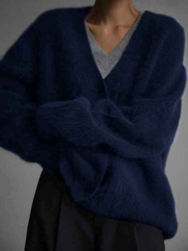 Women's Solid Color Drop Shoulder Long Sleeve Single-Breasted Casual Cardigan, Elegant Faux Fur Sweater, Navy Blue