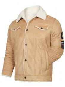 冬季新款欧美男士翻领保暖内衬夹克，仿羊毛飞行员夹克，厚衬里摩托车夹克，防寒时尚休闲外套 - 卡其色 - 查看 3