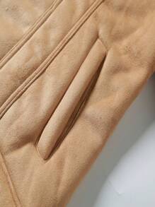 冬季新款欧美男士翻领保暖内衬夹克，仿羊毛飞行员夹克，厚衬里摩托车夹克，防寒时尚休闲外套 - 卡其色 - 查看 7