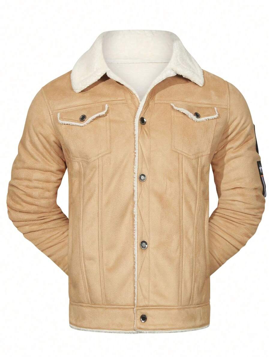 冬季新款欧美男士翻领保暖内衬夹克，仿羊毛飞行员夹克，厚衬里摩托车夹克，防寒时尚休闲外套 - 卡其色 - 查看 1