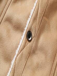 冬季新款欧美男士翻领保暖内衬夹克，仿羊毛飞行员夹克，厚衬里摩托车夹克，防寒时尚休闲外套 - 卡其色 - 查看 9