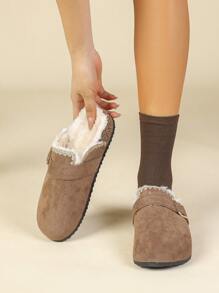 Fuzzy Slippers For Women Outdoor Wear, 2024 New Autumn/Winter Vintage French Style, Casual Comfortable Flat Shoes With Fur Lining, Fashion Leopard Print Platform Slide Sandals,Mule - Khaki - View 2