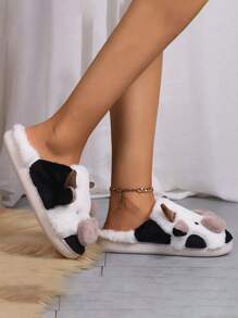 Cute Plush Animal Cow Slippers For Women, Kawaii Fluffy Fuzzy And Cozy Slippers, Soft Warm Winter Indoor Outdoor Slippers - 黑色 - 查看 5