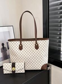 2pcs/Set Large Capacity Tote Bag & Wallet, Fashionable Shoulder Bag For Middle-Aged Women