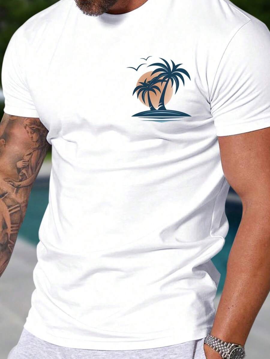 Men's T-Shirt Coconut Tree Sun 100% Cotton Printed Shirt Women's Blouse T-Shirt New Release - 白色 - 查看 1