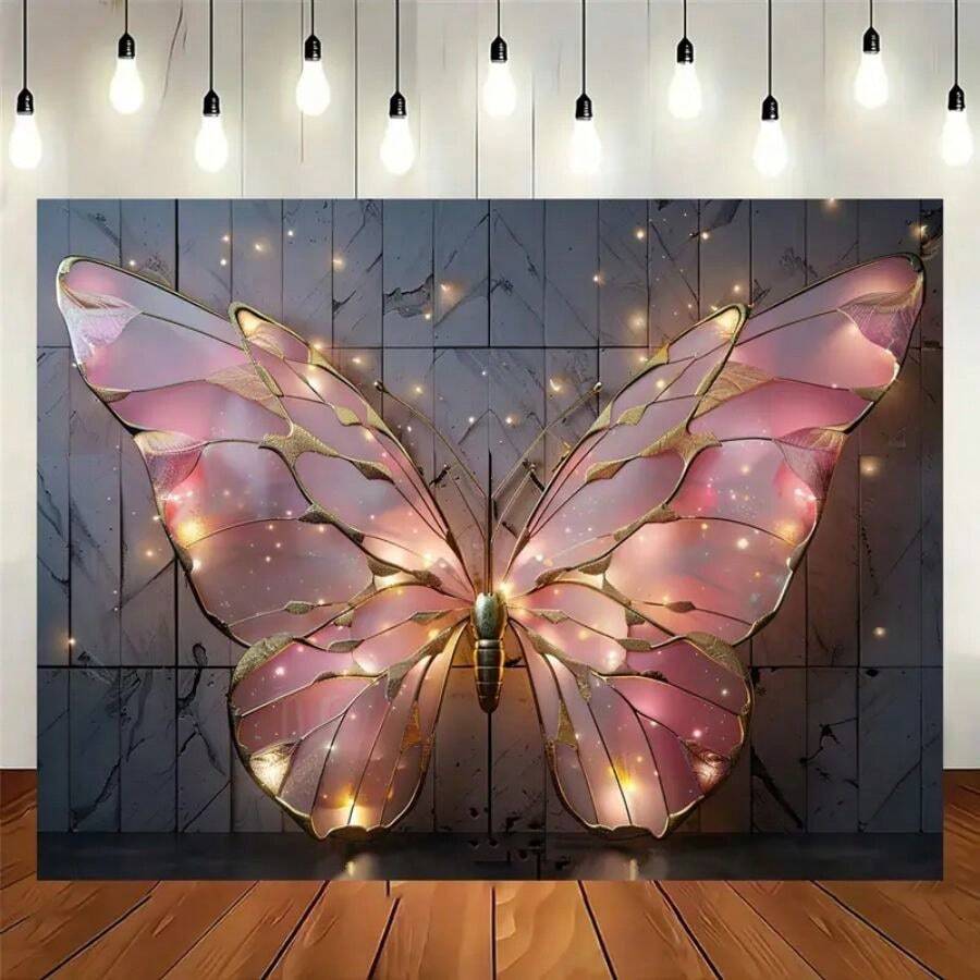Butterfly Themed Photo Background Created With Fairy Lights - Polyester Banner, Suitable For Birthday, Wedding, And Party Decoration, Suitable For Indoor And Outdoor Use, Feather Free, Multifunctional Celebration Accessories - Multicolor - View 1