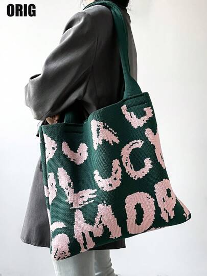 Large Capacity Fashionable Tote Bag With Letter Print Fashion Tote Bag Solid Color Simple Crossbody Bag Women Casual Handbag Shoulder Bag Purse, Business Casual Woman Bag Perfect ForCasual Shopping, Office Business And Work Tote Bag