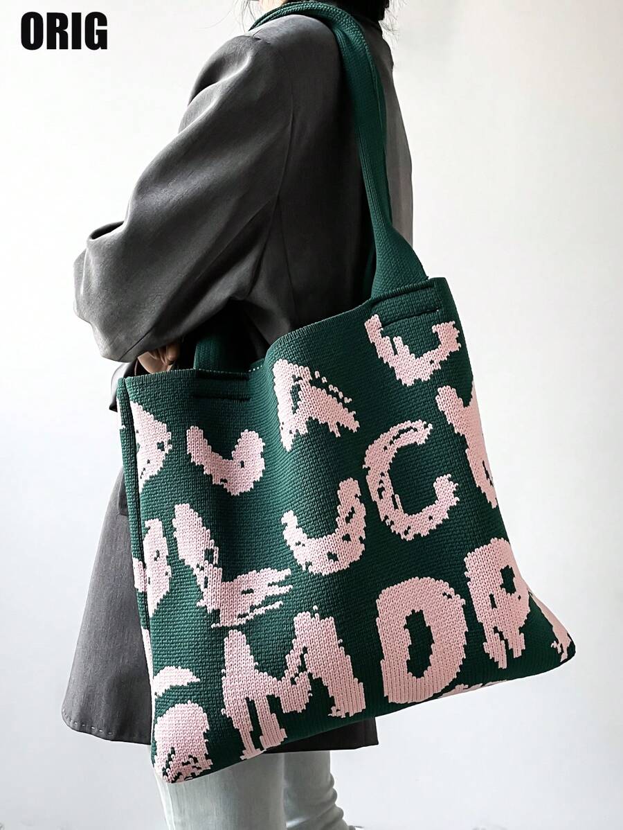 Borsa shopper di grande capacità con stampa a lettere, borsa a tracolla semplice monocromatica, borsa casual da donna, borsa a spalla, borsa perfetta per lo shopping casual, l'ufficio e il lavoro - Multicolore - Visualizzare 1