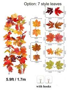 秋季花环枫叶，5.9 英尺/件 7 色悬挂藤蔓花环人造万圣节秋叶花环感恩节装饰适用于家庭婚礼壁炉派对 - 彩色 - 查看 4