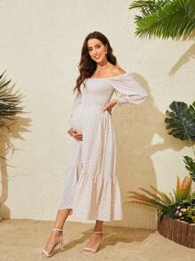 Vestido de maternidade de chiffon com estampa floral e cintura elástica e manga comprida