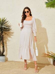 Vestido de maternidade de chiffon com estampa floral e cintura elástica e manga comprida