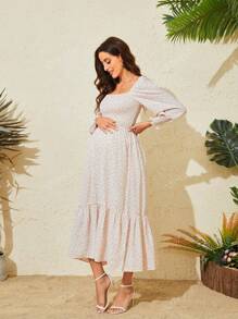 Vestido de maternidade de chiffon com estampa floral e cintura elástica e manga comprida
