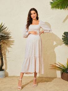 Vestido de maternidade de chiffon com estampa floral e cintura elástica e manga comprida
