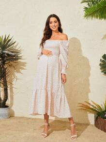 Vestido de maternidade de chiffon com estampa floral e cintura elástica e manga comprida