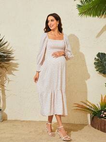 雪纺碎花松紧腰长袖孕妇连衣裙