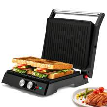 SUSTEAS 3-In-1 Nonstick Panini Press & Indoor Grill, Opens 180-Degree Gourmet Sandwich Maker, Floating Hinge Fits All Foods, Contact Grill With Removable Grease Tray, Stainless Steel - US B Type Plug(110-127V) - View 2