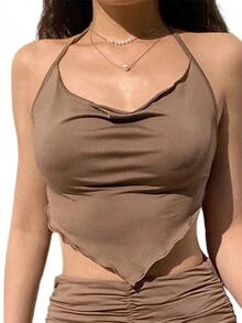 Female Vest, Girls Solid Color Sleeveless Strappy Spaghetti Strap Crop Tops, Matching With High Waist Pleated Skirt, S/M/L - màu nâu - Xem 3