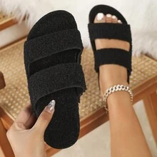 Dép lê đế bằng mũi tròn màu mơ mới có khóa trang trí bằng lông cừu mềm mại dành cho nữ, thích hợp cho cả trong nhà và ngoài trời, phù hợp cho kỳ nghỉ hè, trở lại trường, sinh viên đại học, Halloween, Giáng sinh và mùa thu - màu đen - Xem 9