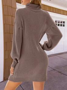 Women's Lightweight Turtleneck Sweater Dress, Casual Elegant Ribbed Knit Long Sleeve Mid-Length Dress, Nutmeg Color - Coffee Brown - View 4