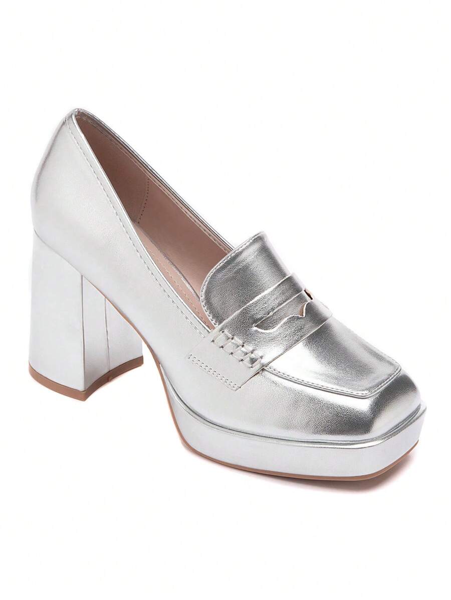 Gold Block Heel Loafers With Platform – Elegance And Comfort Assured - Silver - View 1