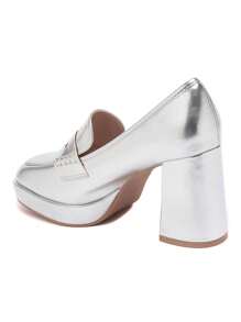 Gold Block Heel Loafers With Platform – Elegance And Comfort Assured - Silver - View 4