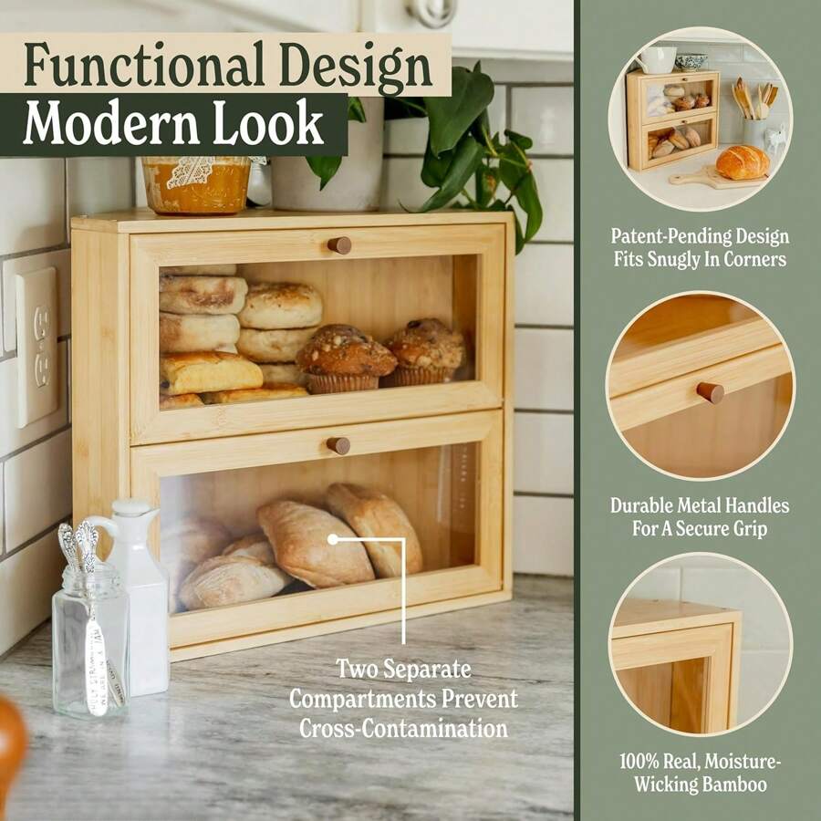 Corner Bread Box For Kitchen Countertop Extra Large Double Layer