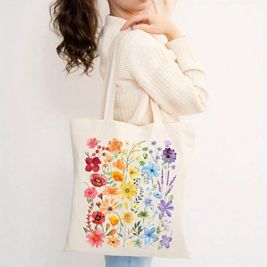 Floral Print Canvas Tote Bag, Portable Cartoon Crossbody Bag, Reusable