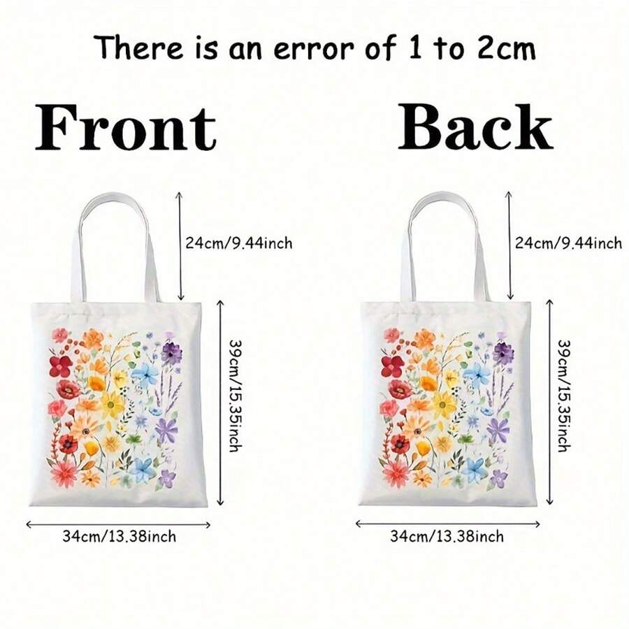 Floral Print Canvas Tote Bag, Portable Cartoon Crossbody Bag, Reusable